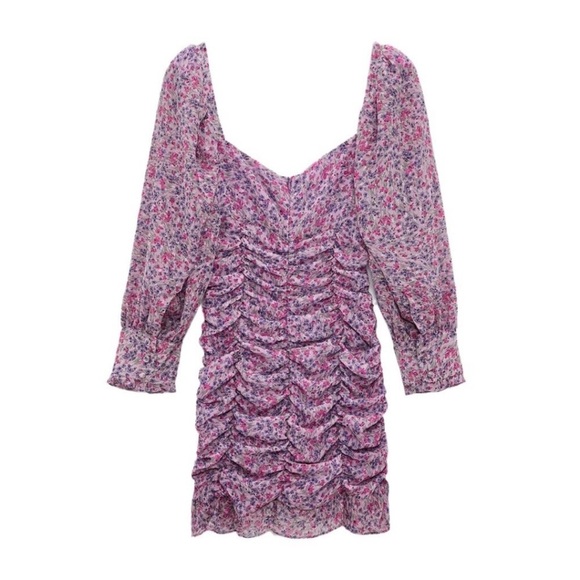 Zara Purple Floral Printed Draped Ruched Dress New Size Medium - Picture 3 of 9